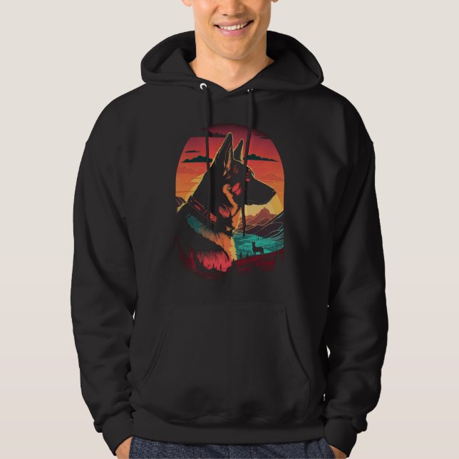 German Shepherd 80s Sunset Vintage Retro Style Hoodie (Front)
