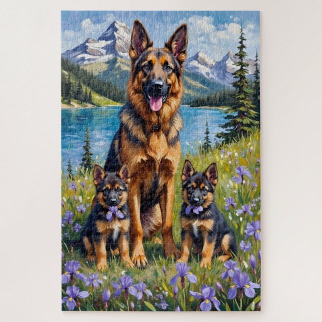 German Shepherd Alpine Iris Art Jigsaw Puzzle (Vertical)