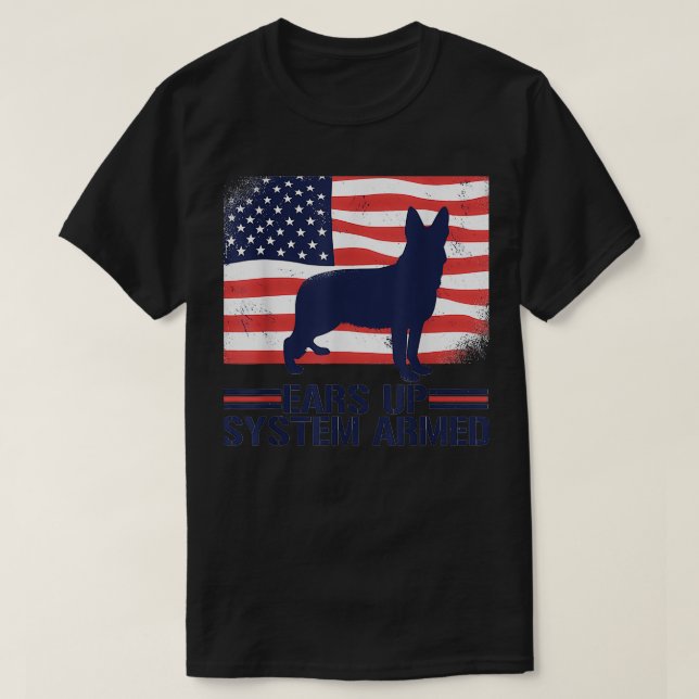 German Shepherd American Flag Ears Up System Armed T-Shirt (Design Front)