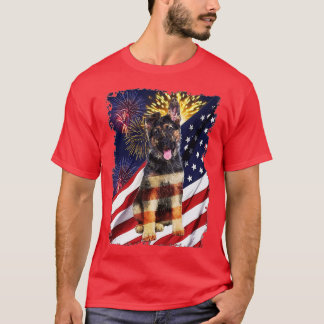 German Shepherd American Flag Fireworks Flag Day - T-Shirt
