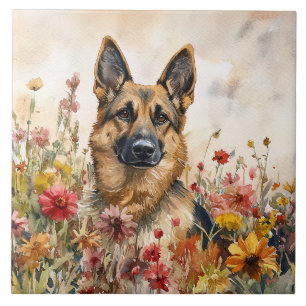 German Shepherd Among Vibrant Wildflowers Ceramic Tile