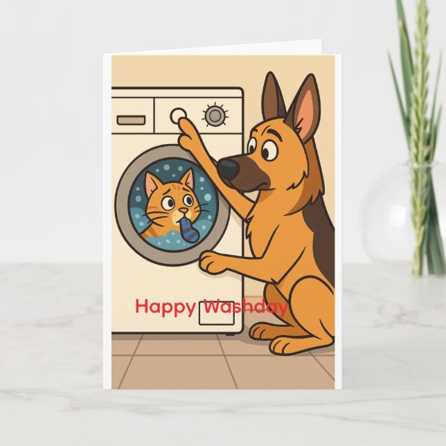 German Shepherd and Cat Laundry Humor  Card (Front)