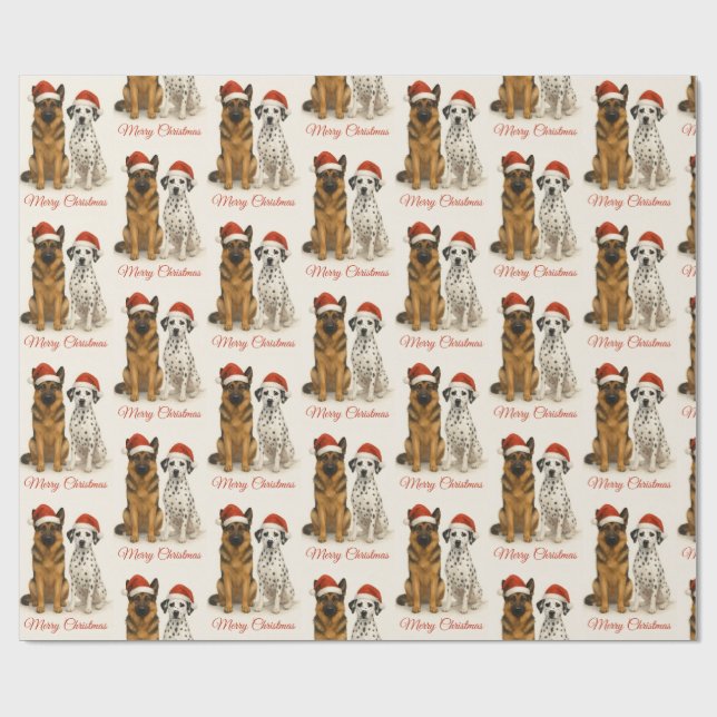 German Shepherd and Dalmatian with Santa hats  Wrapping Paper (Flat)