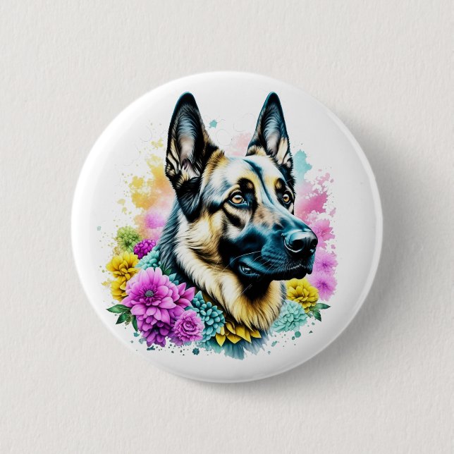 German Shepherd and Flowers ai art 6 Cm Round Badge (Front)