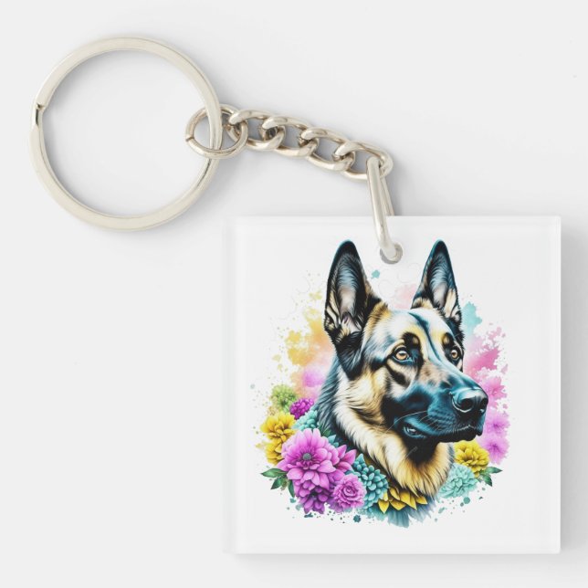 German Shepherd and Flowers ai art Personalised Key Ring (Front)
