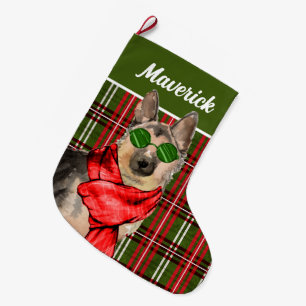 German Shepherd and Plaid with Dog's Name Large Ch Large Christmas Stocking