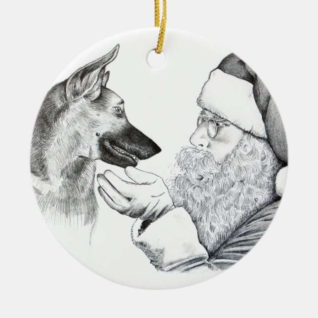 German Shepherd and Santa Claus Ceramic Tree Decoration (Front)
