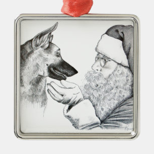 German Shepherd and Santa Claus Metal Ornament