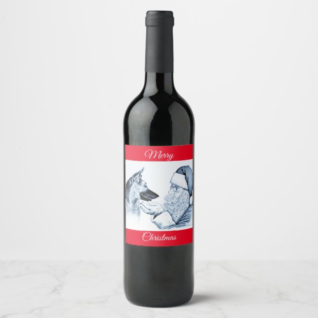 German Shepherd and Santa Claus Wine Label (Front)