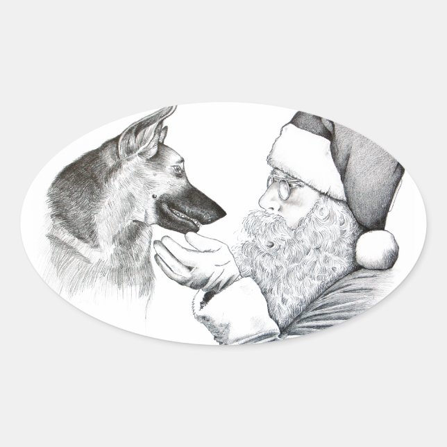 German Shepherd and Santa Oval Sticker (Front)