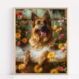 German Shepherd Art, German Shepherd in Bathtub Poster