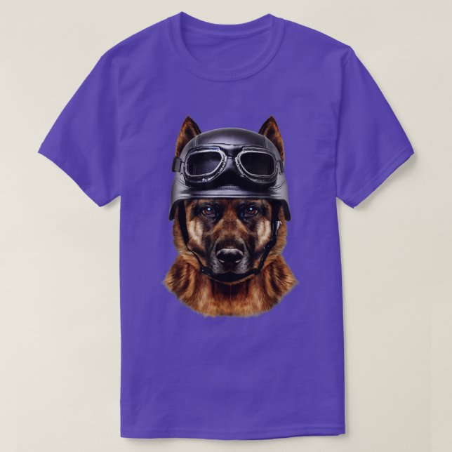 German Shepherd Biker In Motorcycle Helmet T-Shirt (Design Front)