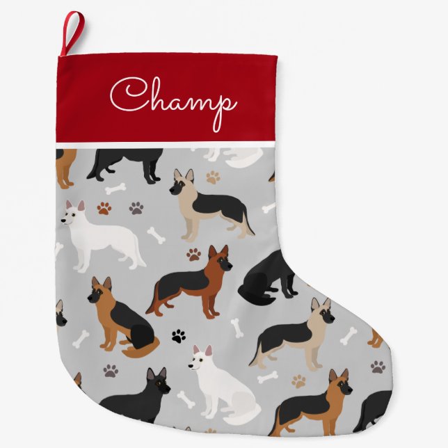 German Shepherd Bones and Paws Custom Name Large Christmas Stocking (Front)