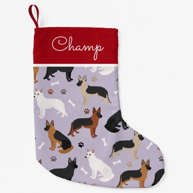 German Shepherd Bones and Paws Custom Name Small Christmas Stocking (Front)