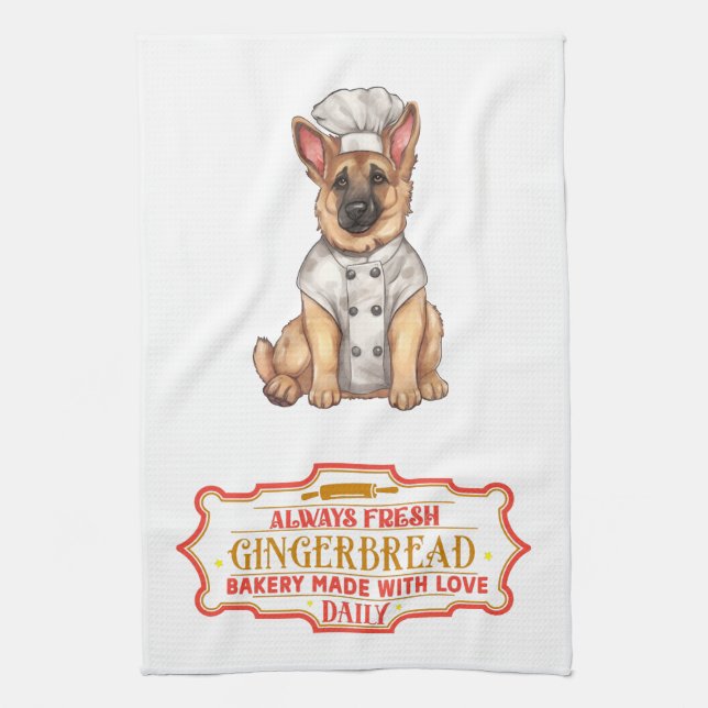 German Shepherd Chef Baking Gingerbread Tea Towel (Vertical)