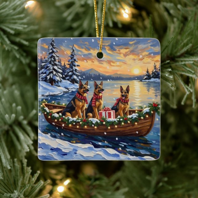 German Shepherd Christmas Boat Holiday Ceramic Ornament (Tree)