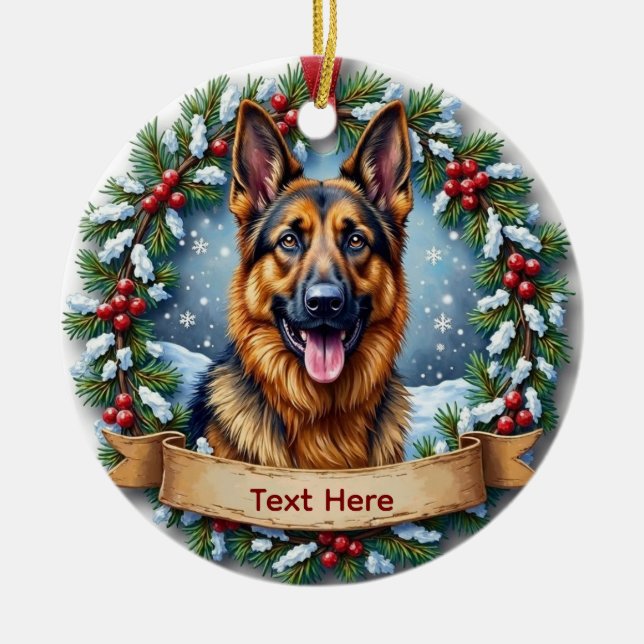 German Shepherd Christmas Ceramic Ornament (Front)