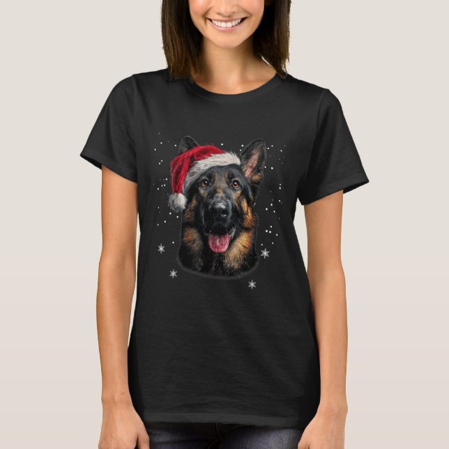 German Shepherd Christmas Funny Santa Hat Dog Xmas T-Shirt (Front)