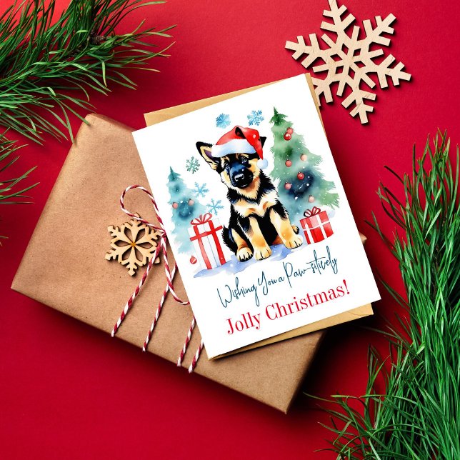 German Shepherd Christmas greetings for dog people Postcard (Cute German Shepherd puppy Christmas greetings postcard watercolor puppy in Santa hat by gift boxes)