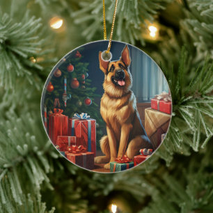 German Shepherd Christmas Pet Ornament, Dog Lover Ceramic Ornament