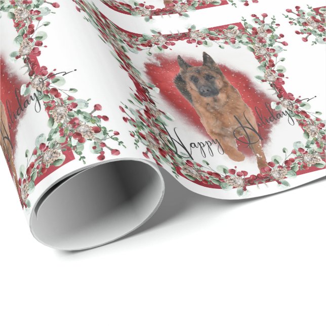 German Shepherd Christmas Photo with Snow Wrapping Paper (Roll Corner)