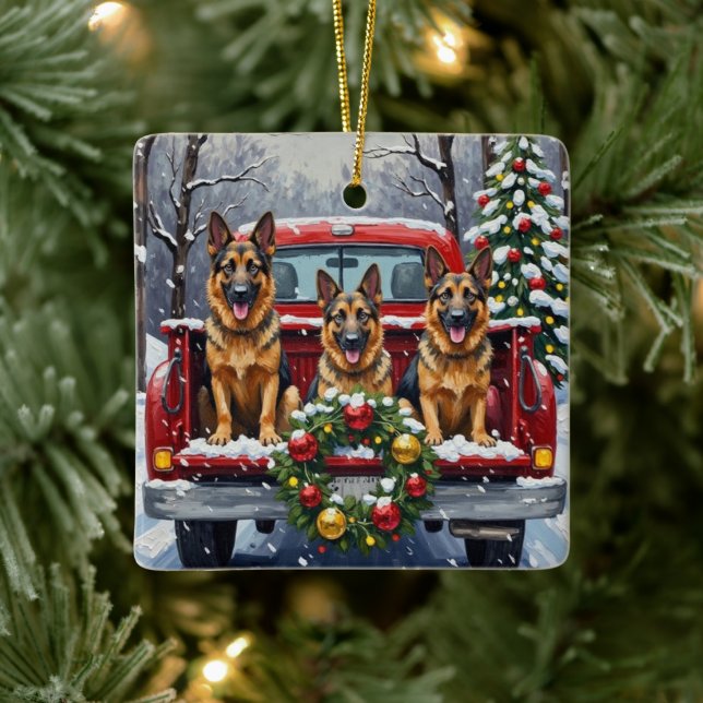 German Shepherd Christmas Red Truck Holiday Ceramic Ornament (Tree)
