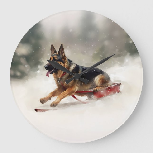German Shepherd Christmas snow winter  Large Clock (Front)