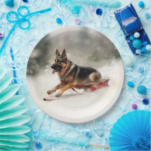 German Shepherd Christmas snow winter Paper Plate