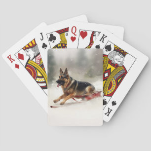 German Shepherd Christmas snow winter Playing Cards
