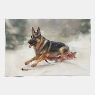 German Shepherd Christmas snow winter Tea Towel