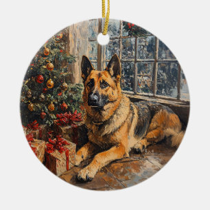 German Shepherd Christmas Tree Painting Ceramic Ornament