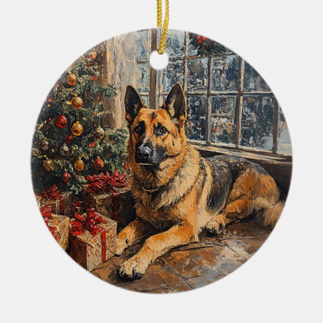 German Shepherd Christmas Tree Painting Ceramic Ornament (Front)