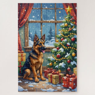 German Shepherd Christmas Under The Tree Jigsaw Puzzle