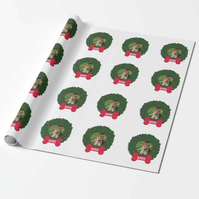 German Shepherd Christmas Wreath Dog's Photo Name Wrapping Paper (Unrolled)