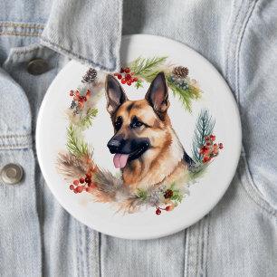 German Shepherd Christmas Wreath Festive Pup  6 Cm Round Badge