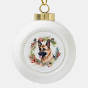 German Shepherd Christmas Wreath Festive Pup Ceramic Ball Christmas Ornament
