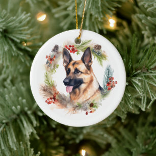 German Shepherd Christmas Wreath Festive Pup Ceramic Ornament