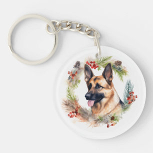 German Shepherd Christmas Wreath Festive Pup  Key Ring