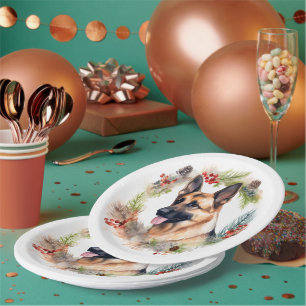 German Shepherd Christmas Wreath Festive Pup  Paper Plate