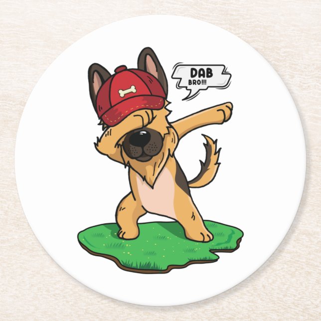 German Shepherd Dabbing Round Paper Coaster (Front)