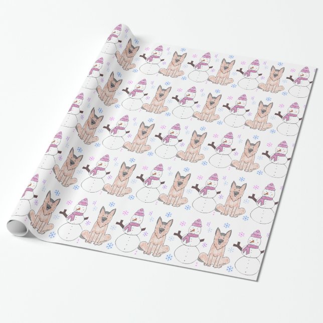 German Shepherd Dog And Snowman Wrapping Paper (Unrolled)