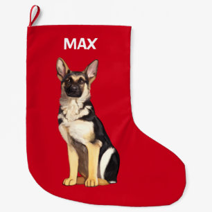 German Shepherd Dog at Christmas Name Customisable Large Christmas Stocking