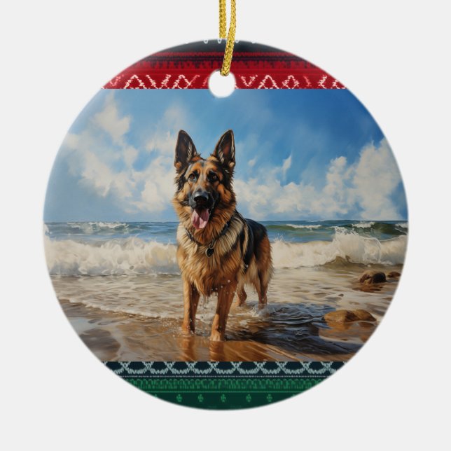 German Shepherd dog at the beach Ceramic Ornament (Front)