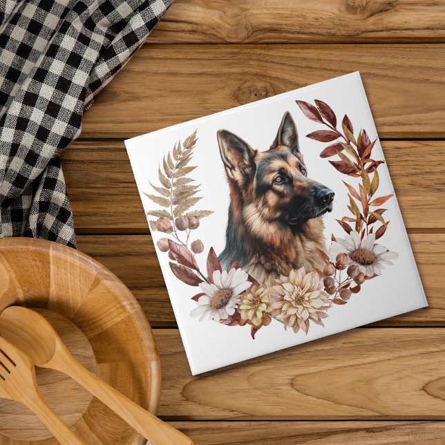 German Shepherd Dog Autumn Wreath Ceramic Tile (Creator Uploaded)