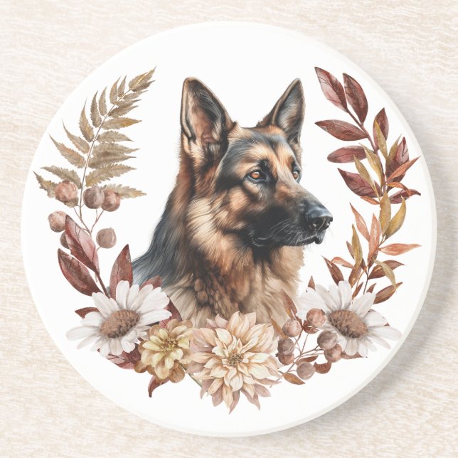 German Shepherd Dog Autumn Wreath Coaster (Front)