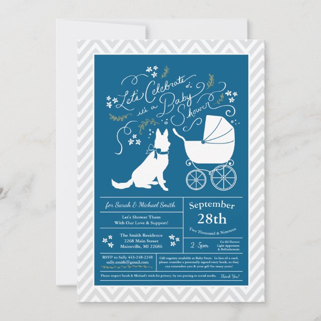 German Shepherd Dog Baby Shower French Blue Boy Invitation (Front)