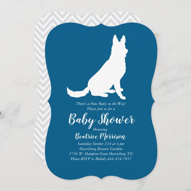 German Shepherd Dog Baby Shower French Blue Boy Invitation (Front/Back)