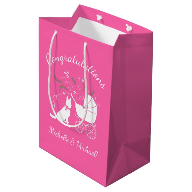 German Shepherd Dog Baby Shower Pink Girl Medium Gift Bag (Back Angled)