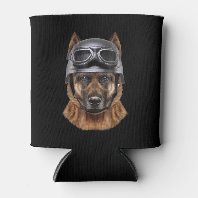 German Shepherd Dog, Biker In Motorcycle Helmet Can Cooler (Front)