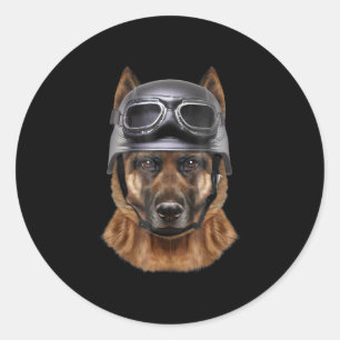 German Shepherd Dog, Biker In Motorcycle Helmet Classic Round Sticker